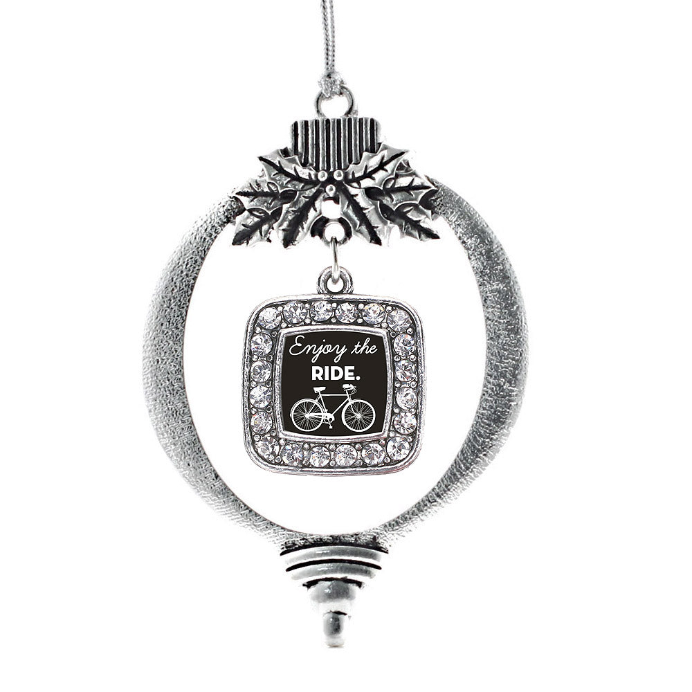 Silver Bicyclist Square Charm Holiday Ornament