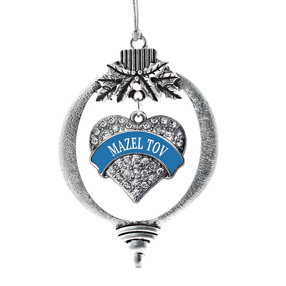 Silver Blue Mazel Tov Pave Heart Charm Holiday Ornament