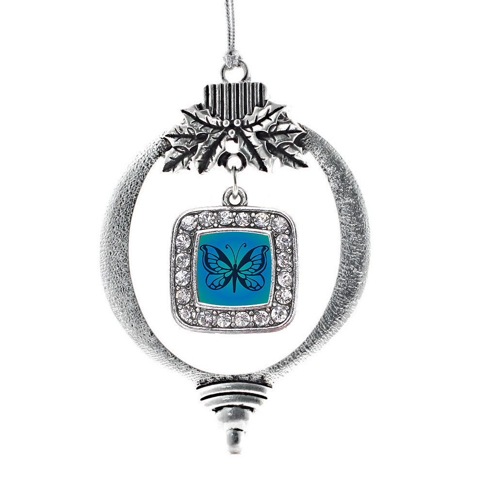 Silver Blue Butterfly Square Charm Holiday Ornament