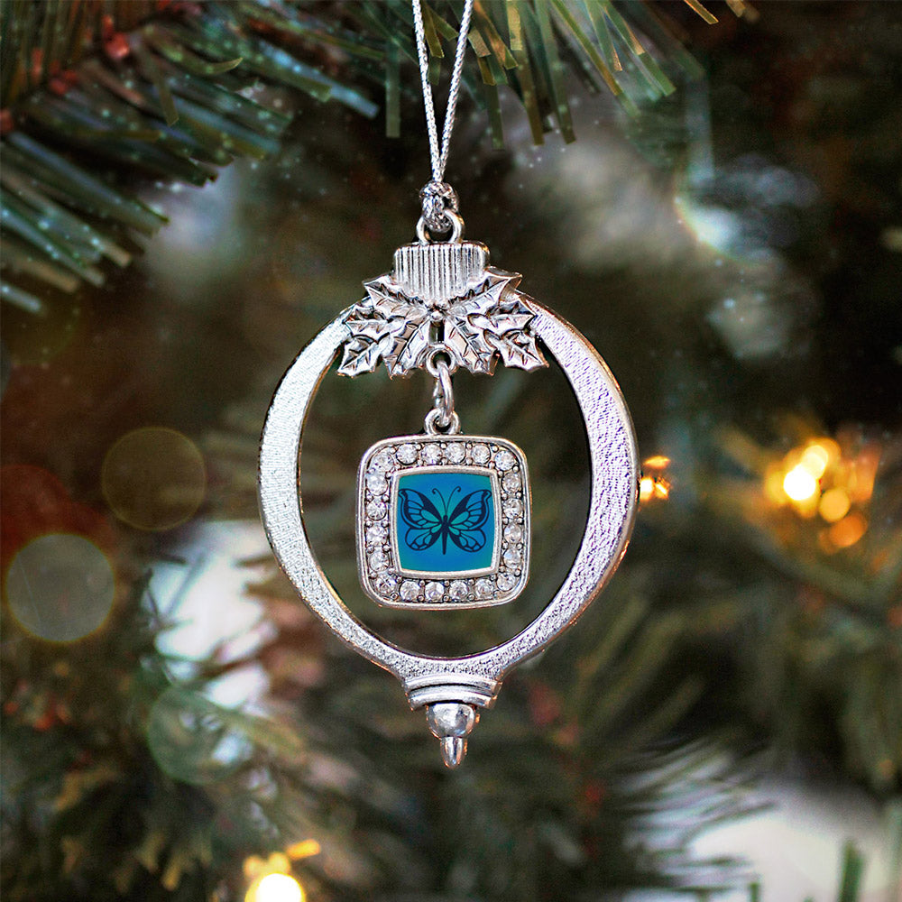 Silver Blue Butterfly Square Charm Holiday Ornament