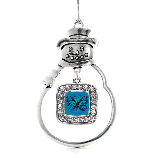 Silver Blue Butterfly Square Charm Snowman Ornament