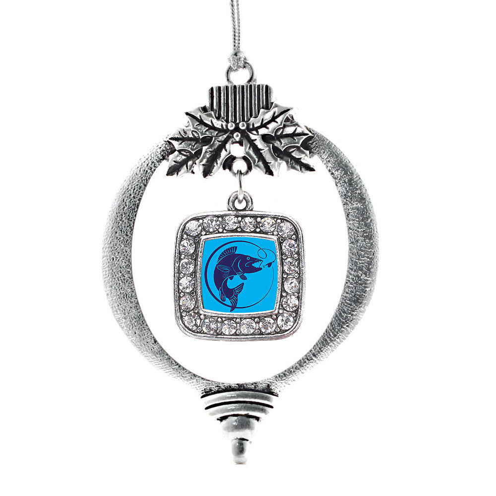 Silver Blue Fishing Square Charm Holiday Ornament