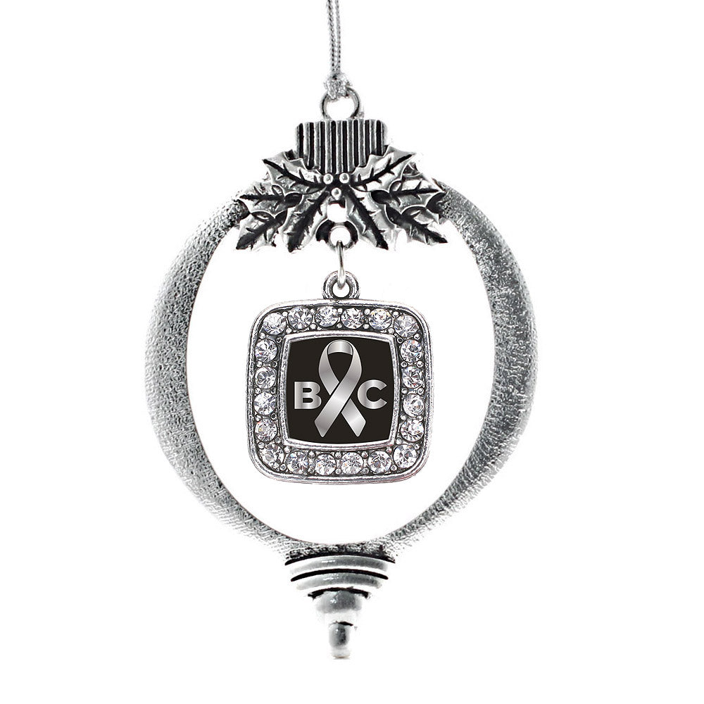 Silver Brain Cancer Awareness and Support Square Charm Holiday Ornament