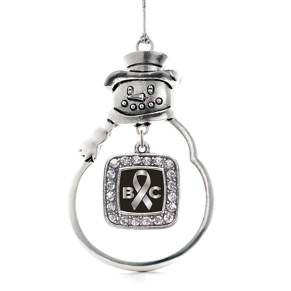 Silver Brain Cancer Awareness and Support Square Charm Snowman Ornament