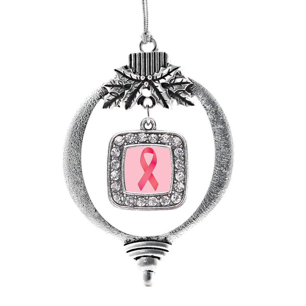 Silver Breast Cancer Square Charm Holiday Ornament