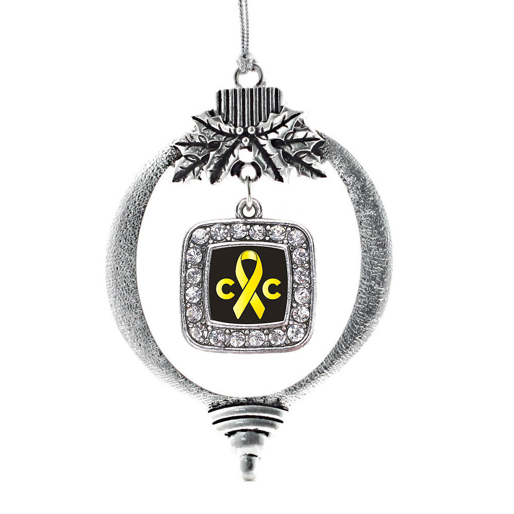 Silver Childhood Cancer Support Square Charm Holiday Ornament