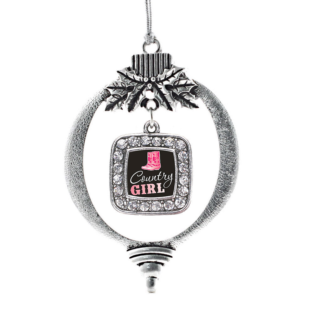 Silver Country Girl Square Charm Holiday Ornament