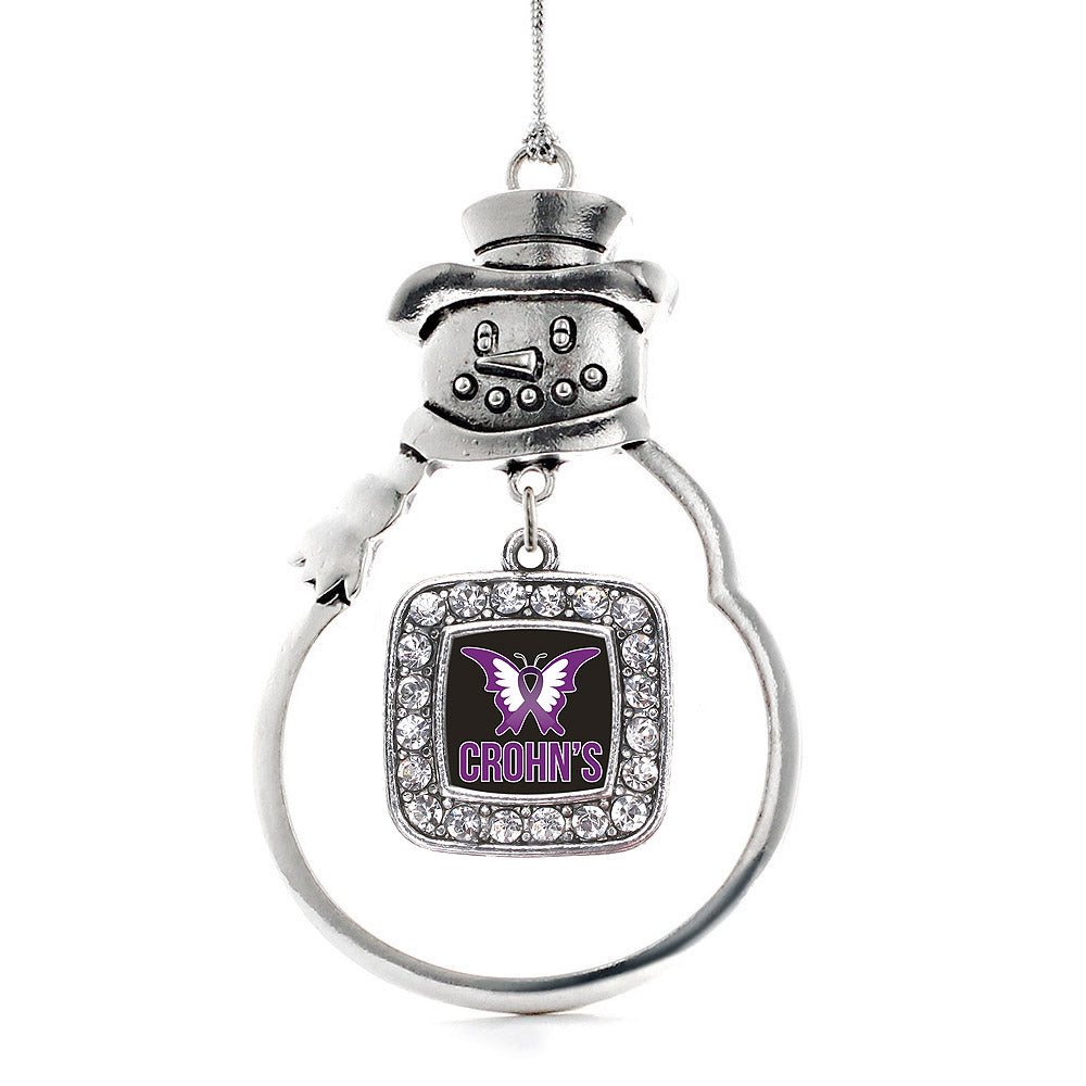 Silver Crohn's Disease Square Charm Snowman Ornament