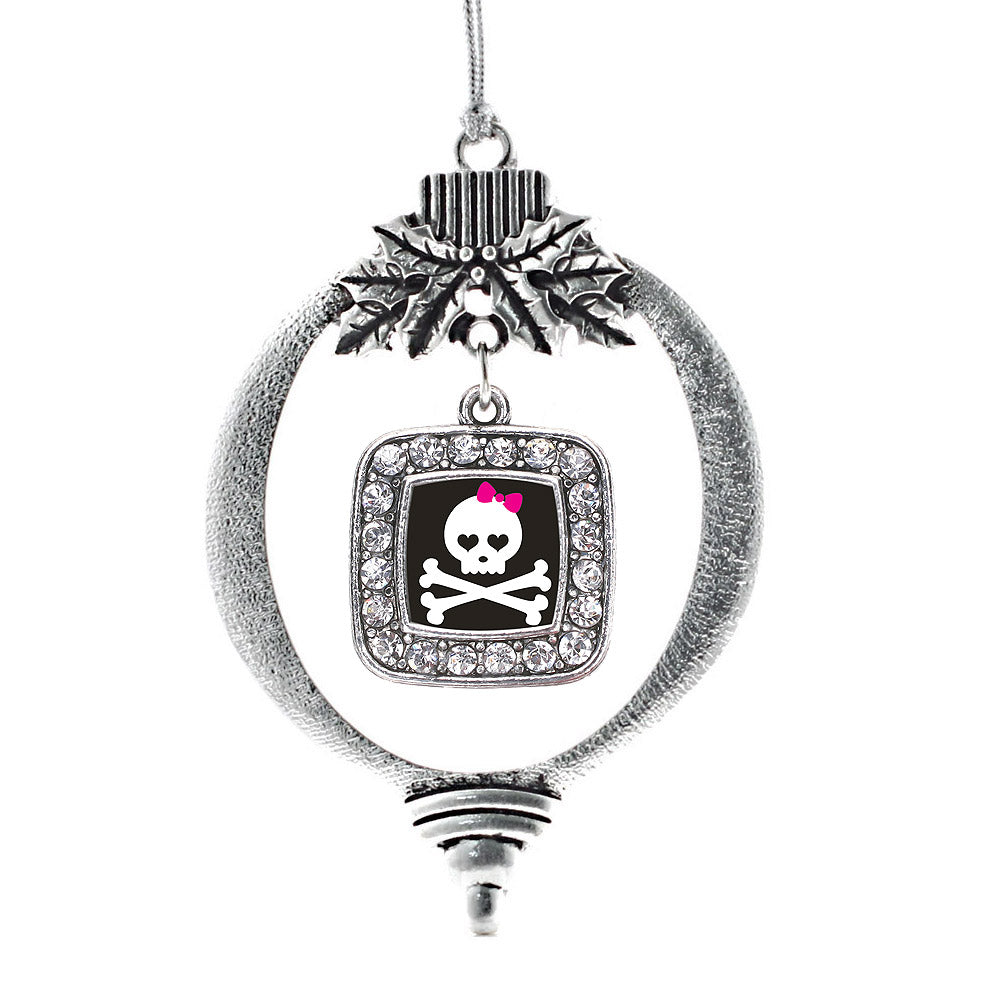 Silver Cute Skull And Crossbones Square Charm Holiday Ornament