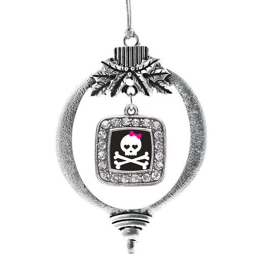 Silver Cute Skull And Crossbones Square Charm Holiday Ornament