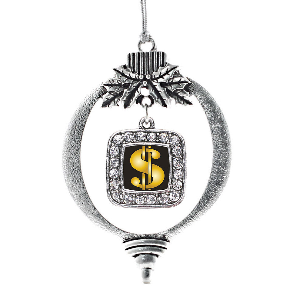 Silver Dollar Sign Square Charm Holiday Ornament
