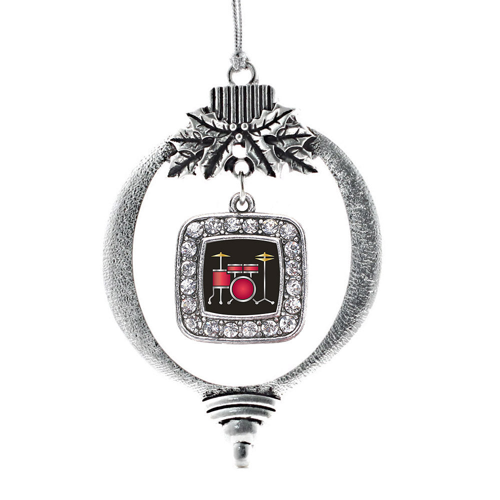 Silver Drumset Square Charm Holiday Ornament