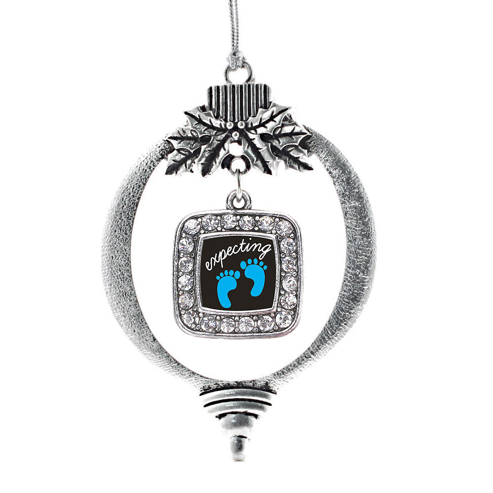 Silver Expecting A Boy Footprints Square Charm Holiday Ornament