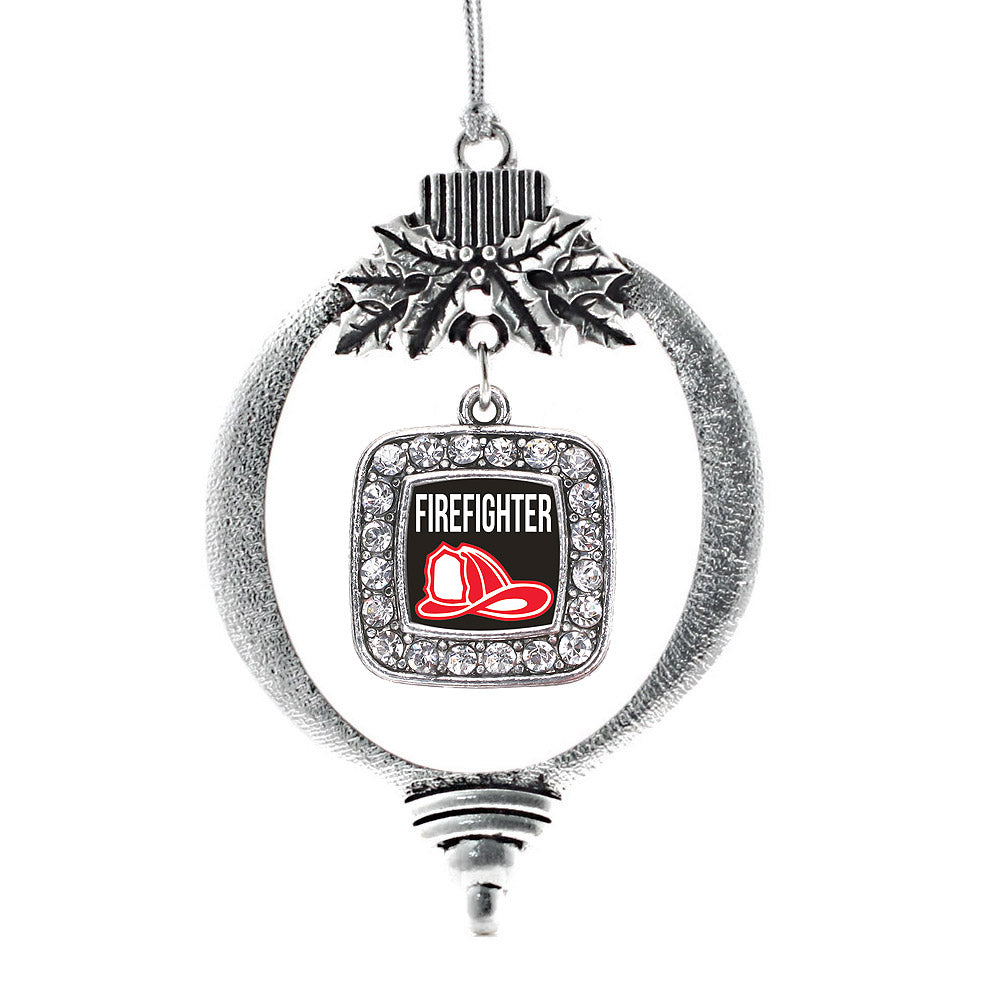 Silver Firefighter Square Charm Holiday Ornament