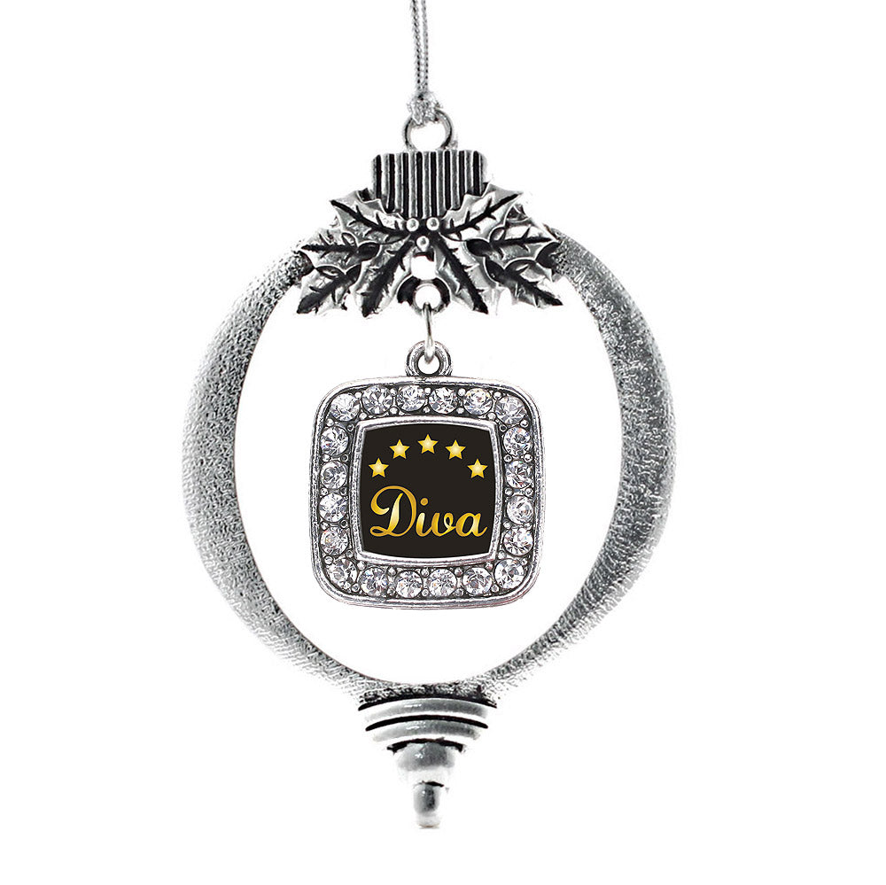 Silver Five Star Diva Square Charm Holiday Ornament
