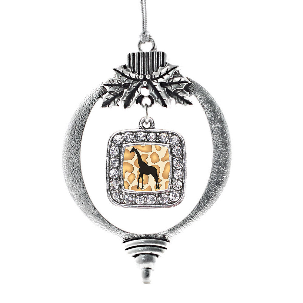 Silver Giraffe Silhouette Square Charm Holiday Ornament