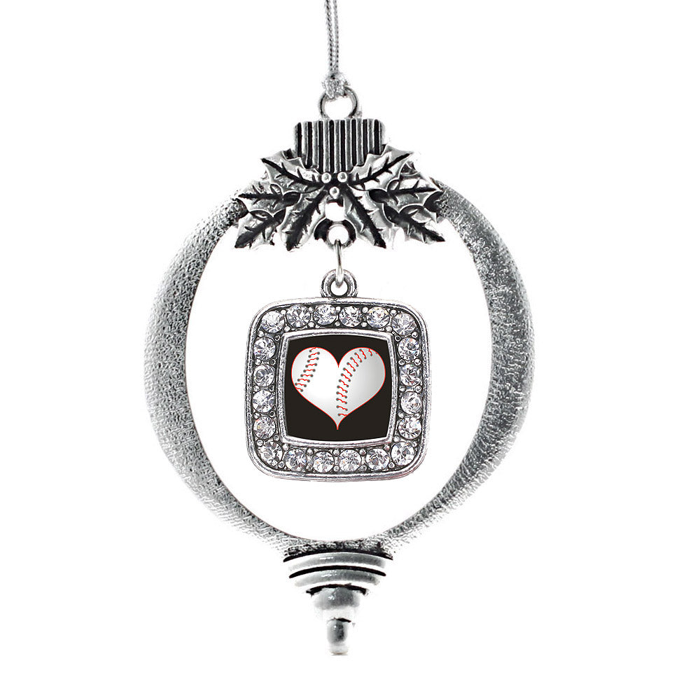 Silver Heart Of A Baseball Player Square Charm Holiday Ornament