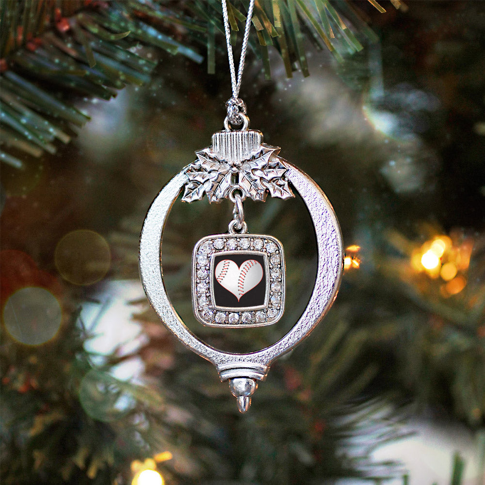 Silver Heart Of A Baseball Player Square Charm Holiday Ornament