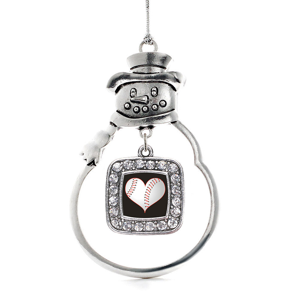 Silver Heart Of A Baseball Player Square Charm Snowman Ornament