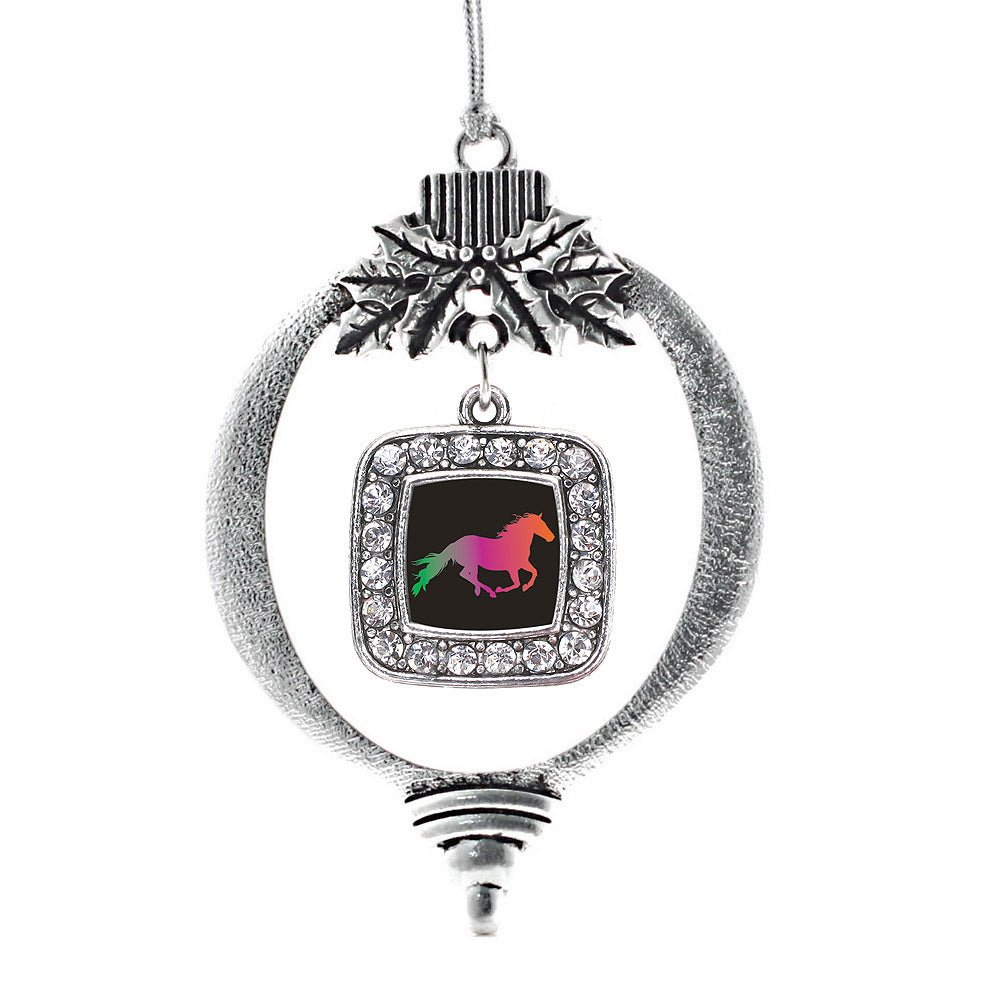Silver Horse Lovers Square Charm Holiday Ornament
