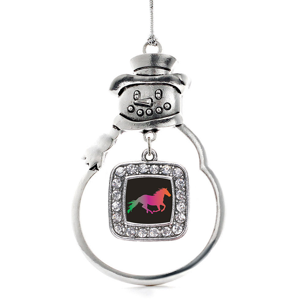 Silver Horse Lovers Square Charm Snowman Ornament