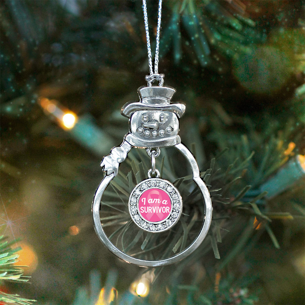 Silver I am a Survivor Breast Cancer Awareness Circle Charm Snowman Ornament