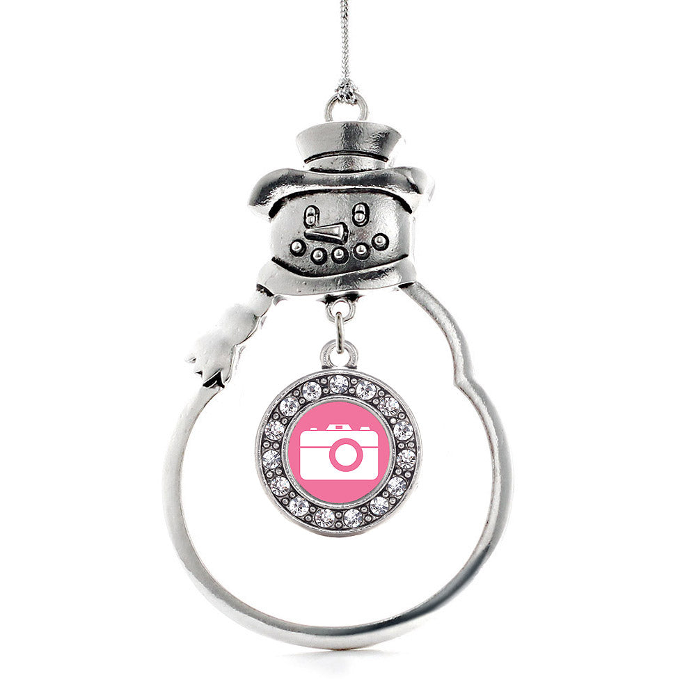 Silver Pink Camera Circle Charm Snowman Ornament