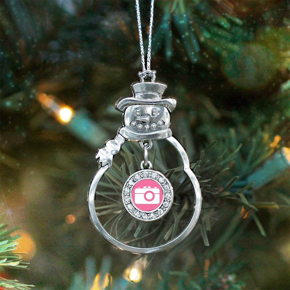 Silver Pink Camera Circle Charm Snowman Ornament