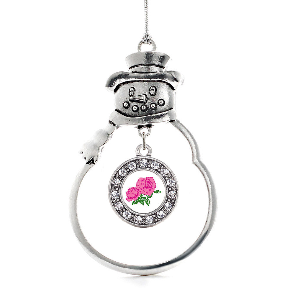 Silver Pink Rose Circle Charm Snowman Ornament