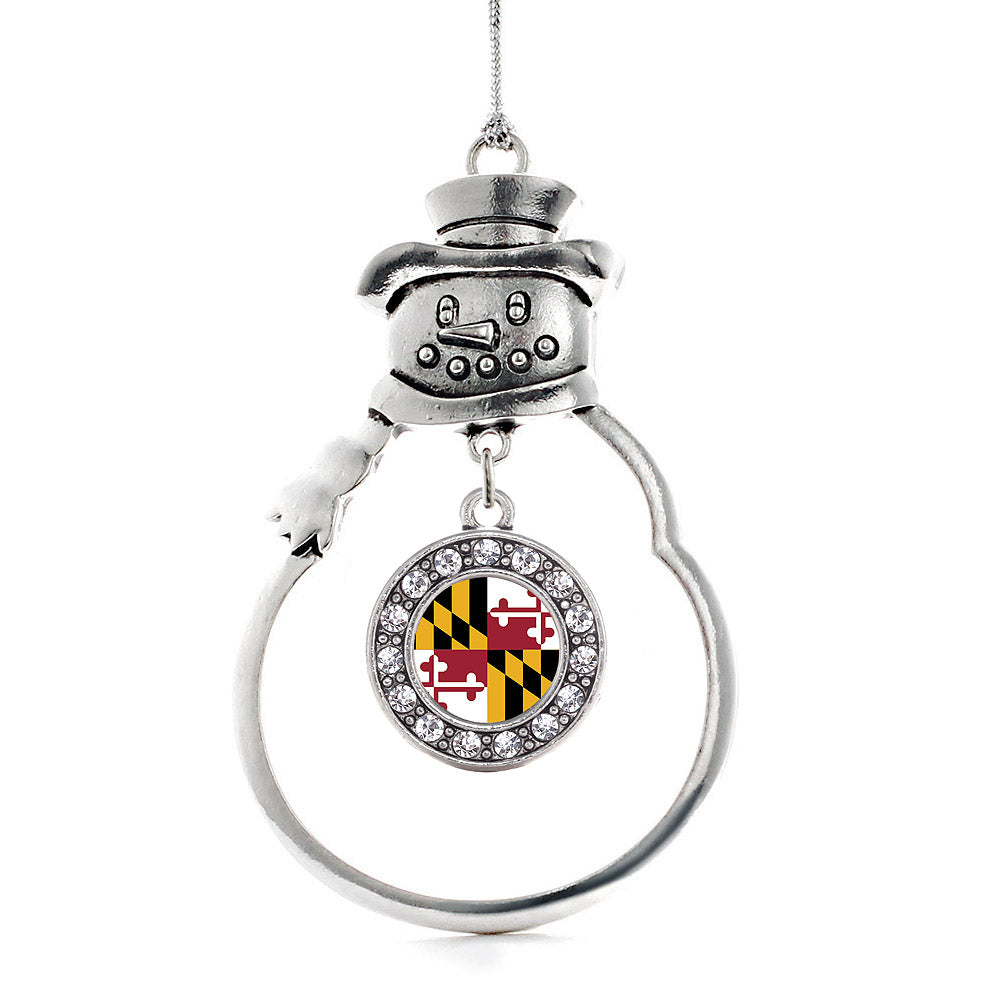 Silver Maryland Flag Circle Charm Snowman Ornament