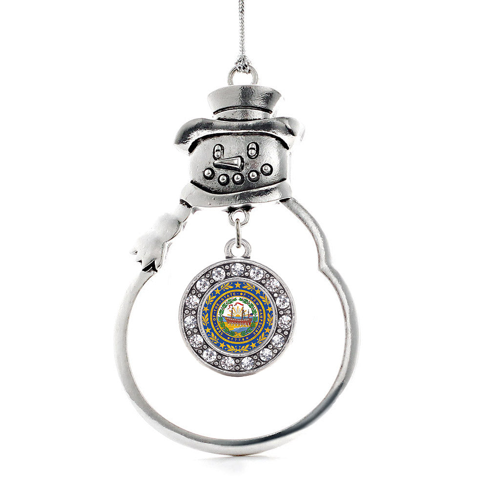 Silver New Hampshire Flag Circle Charm Snowman Ornament