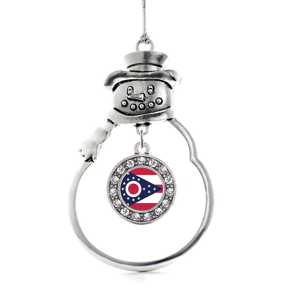 Silver Ohio Flag Circle Charm Snowman Ornament