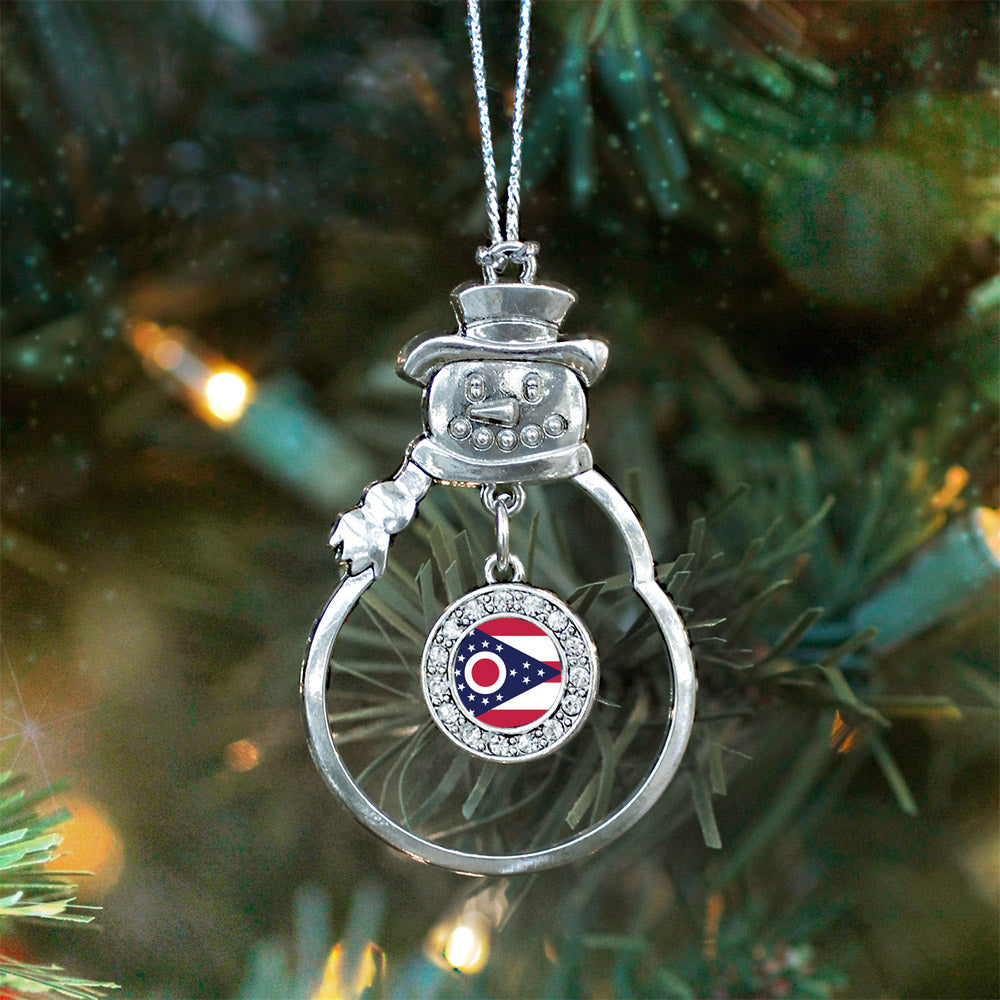 Silver Ohio Flag Circle Charm Snowman Ornament