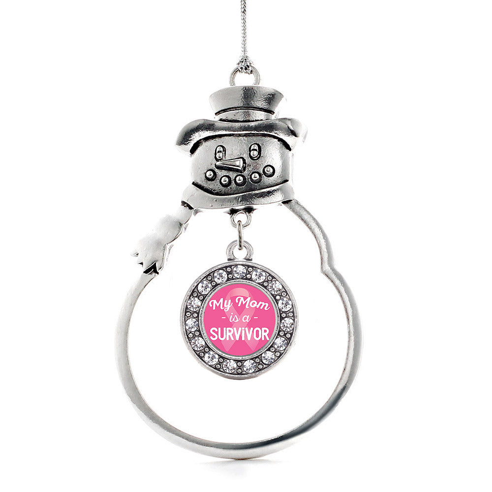 Silver My Mom is a Survivor Breast Cancer Awareness Circle Charm Snowman Ornament
