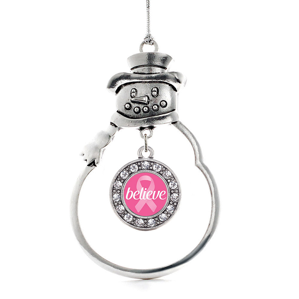 Silver Believe Ribbon Breast Cancer Awareness Circle Charm Snowman Ornament