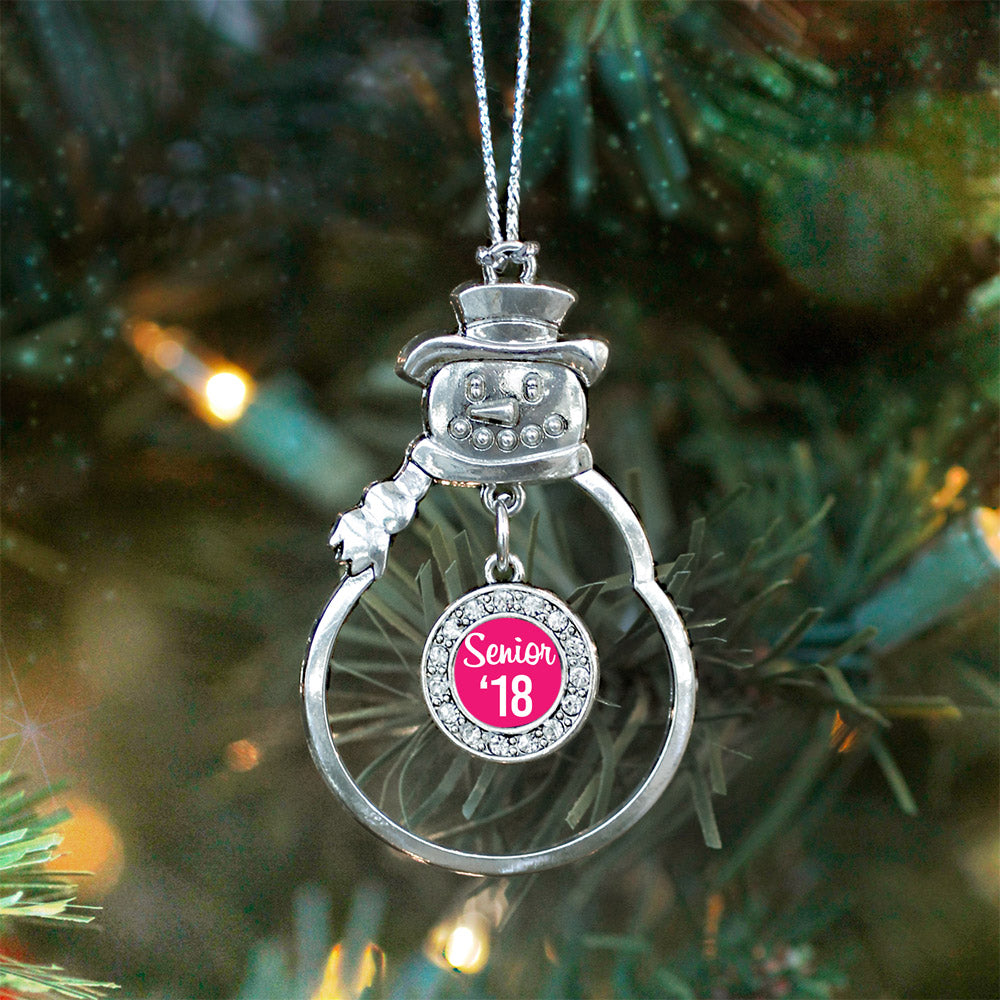 Silver Fuchsia Senior '18 Circle Charm Snowman Ornament
