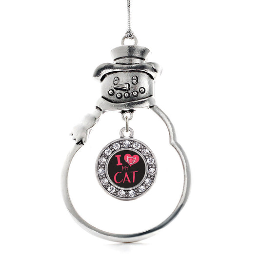 Silver I Love My Cat Circle Charm Snowman Ornament