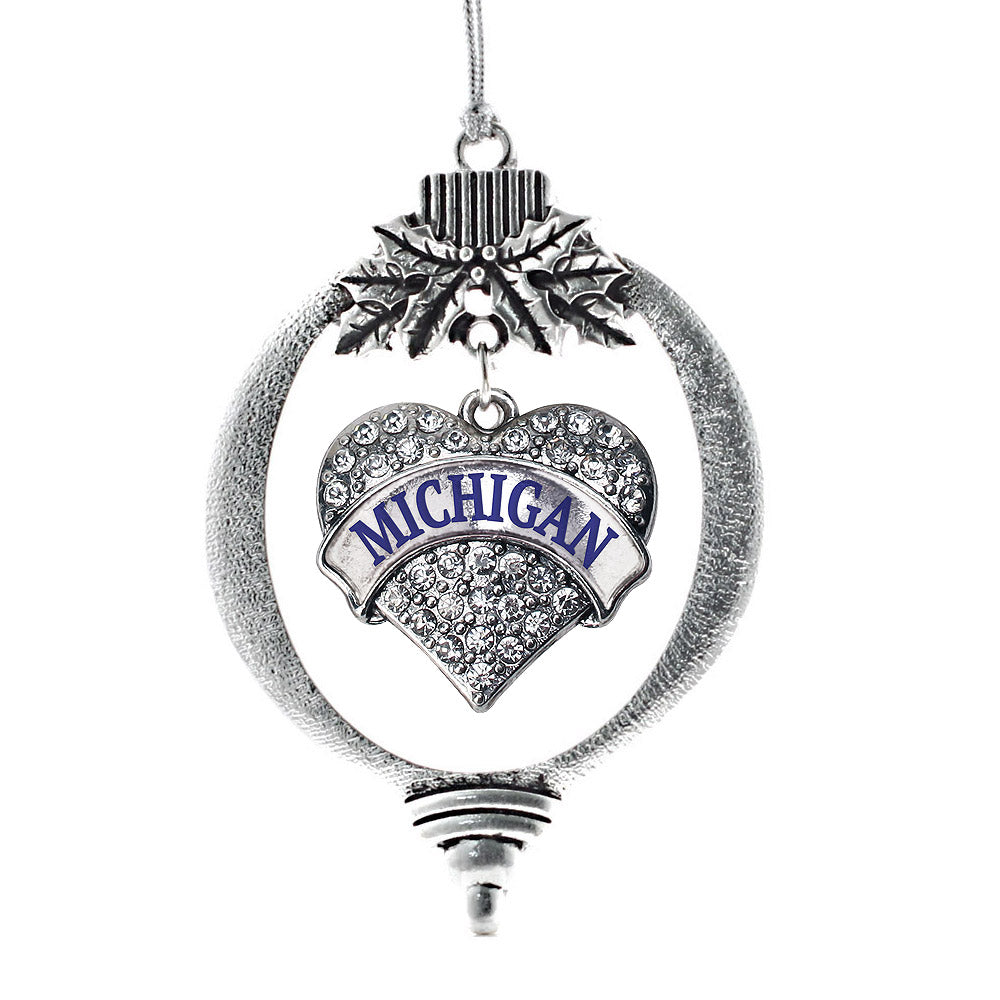 Silver Michigan Pave Heart Charm Holiday Ornament