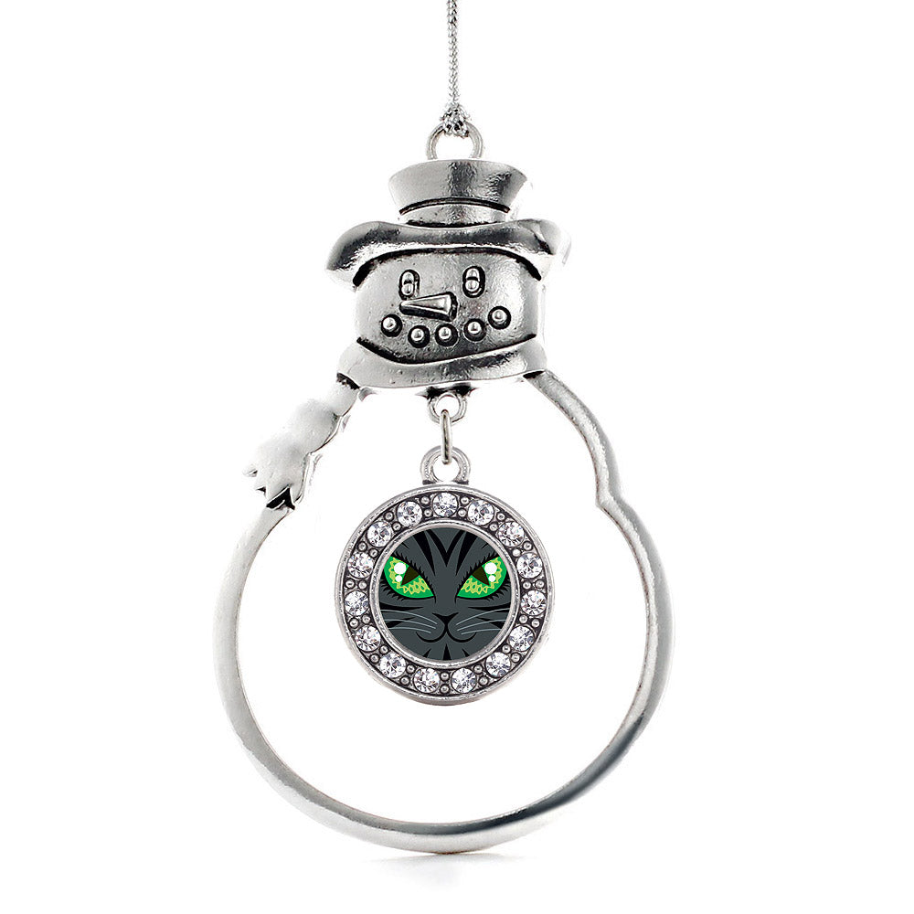 Silver Mischevious Cat Circle Charm Snowman Ornament