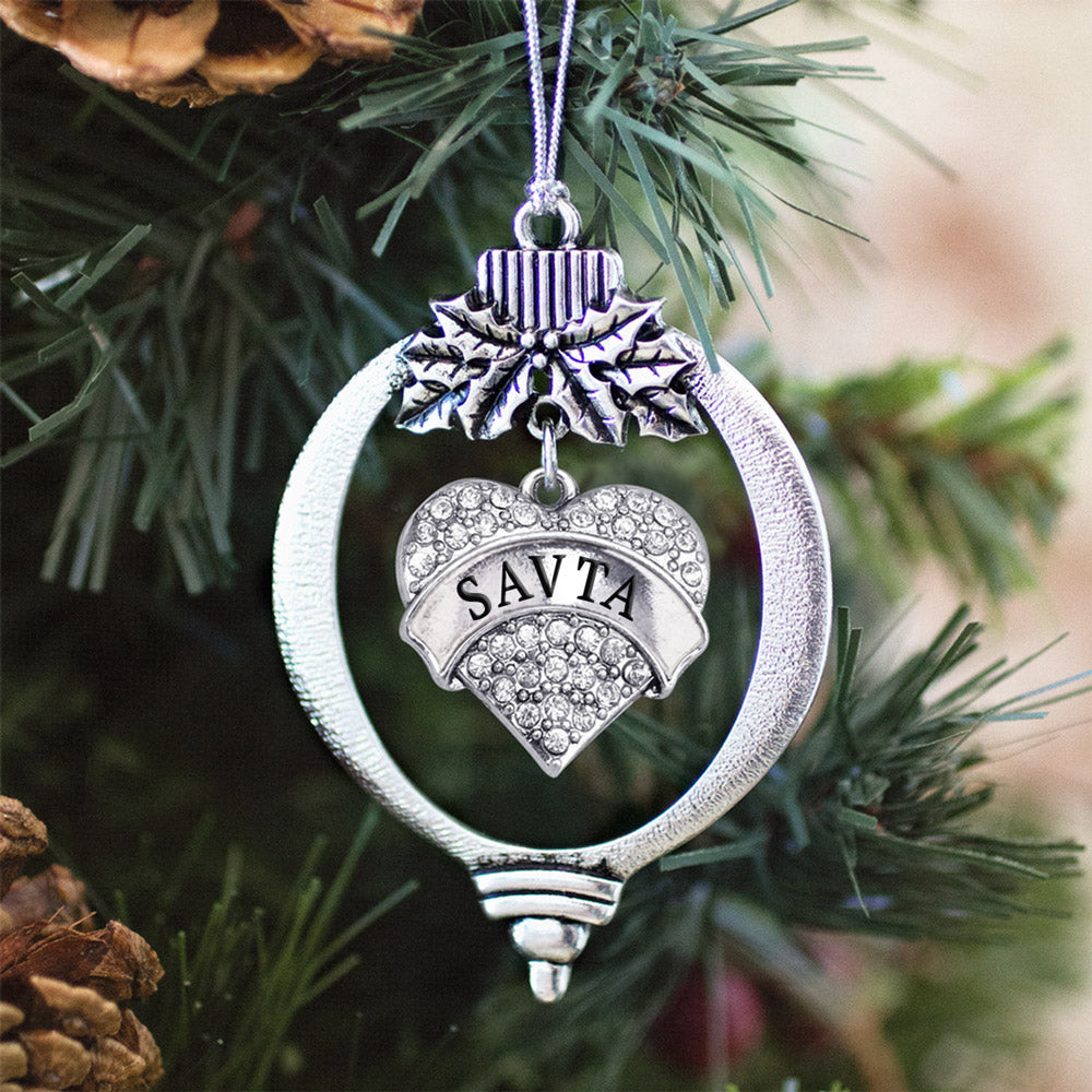 Silver Savta Pave Heart Charm Holiday Ornament