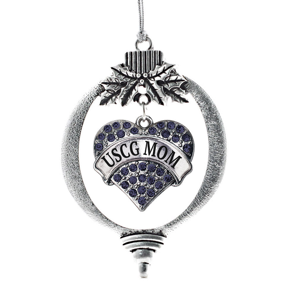 Silver USCG Mom Blue Pave Heart Charm Holiday Ornament
