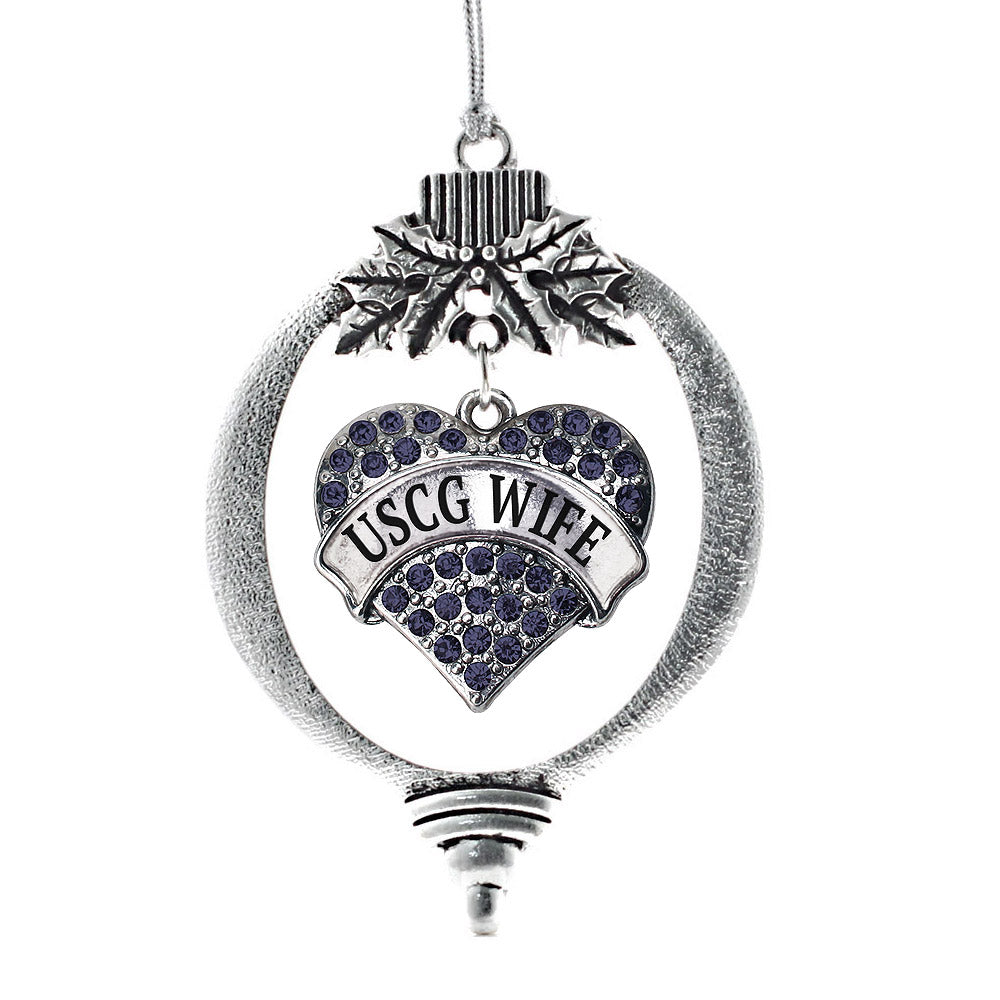 Silver USCG Wife Blue Pave Heart Charm Holiday Ornament