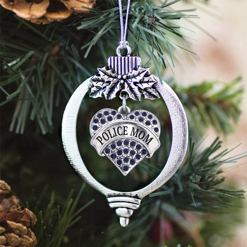 Silver Police Mom Blue Pave Heart Charm Holiday Ornament