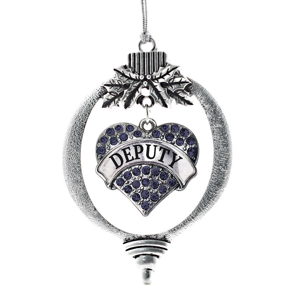Silver Deputy Blue Pave Heart Charm Holiday Ornament