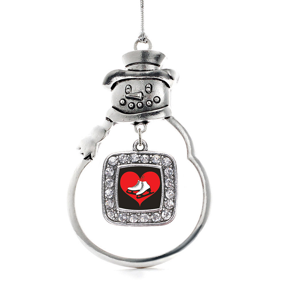 Silver I Heart Ice Skating Square Charm Snowman Ornament