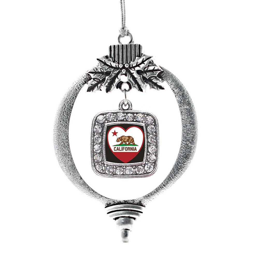 Silver California Heart Flag Square Charm Holiday Ornament