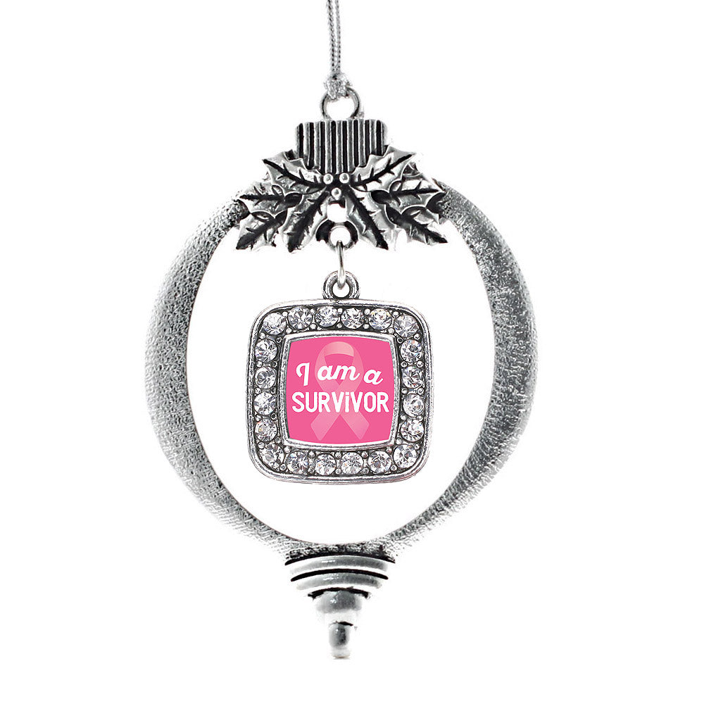 Silver I am a Survivor Breast Cancer Awareness Square Charm Holiday Ornament