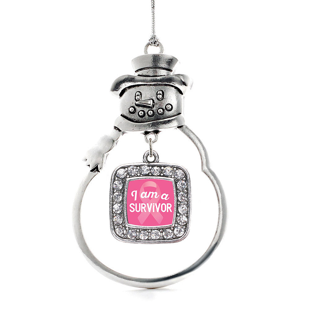 Silver I am a Survivor Breast Cancer Awareness Square Charm Snowman Ornament