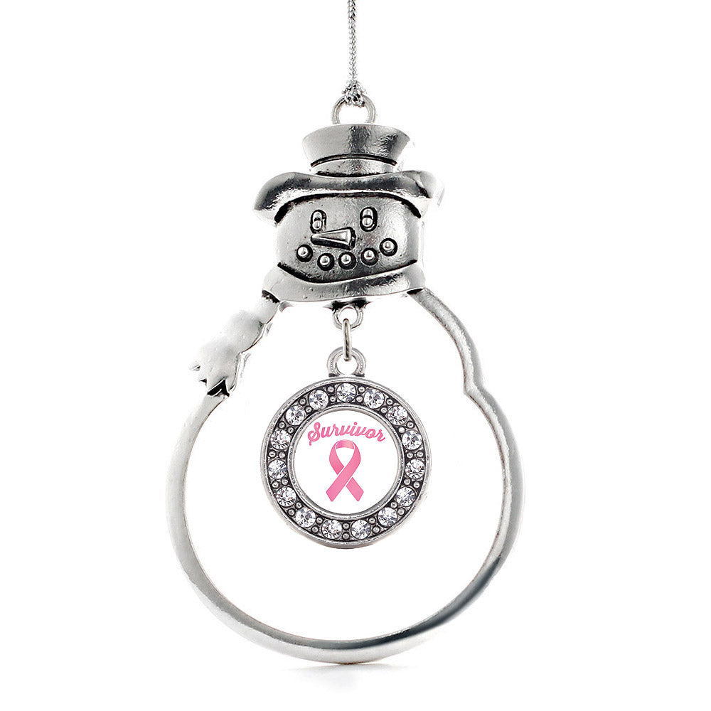Silver Pink Ribbon Survivor Circle Charm Snowman Ornament