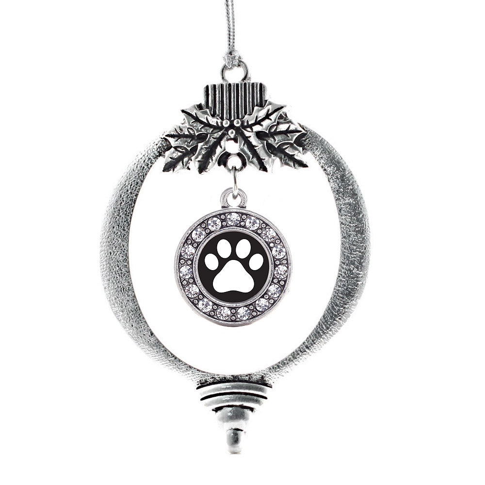Silver Black and White Paw Print Circle Charm Holiday Ornament